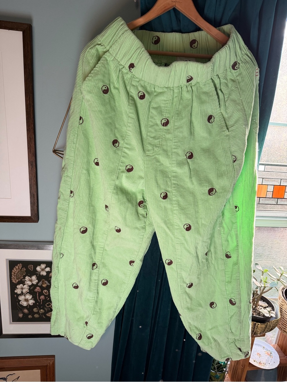 BDG Green Corduroy Yin Yang Embroidered Pull-On Pants Size Small